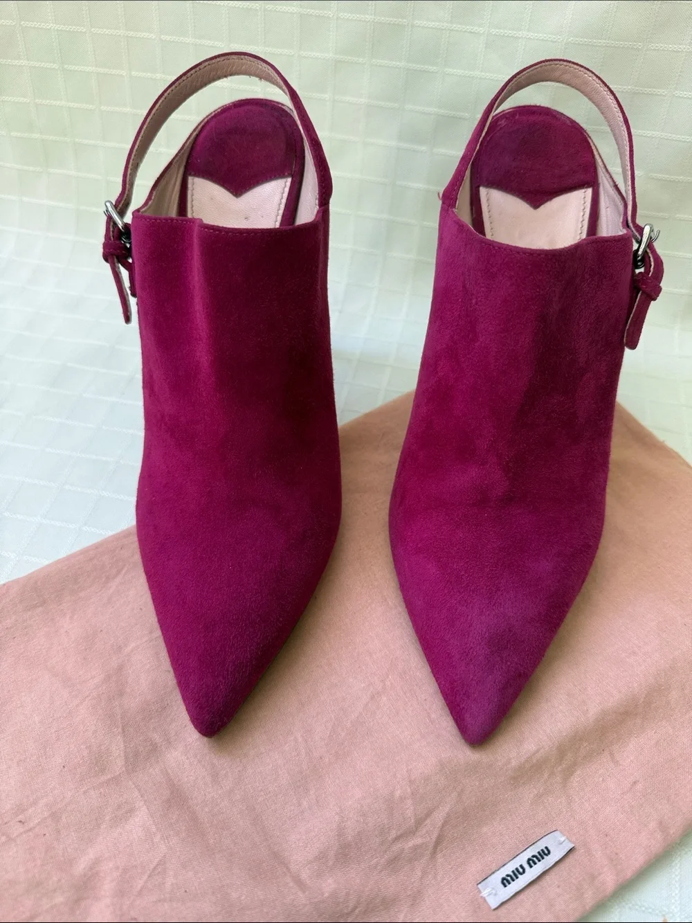 Miu Miu Magenta Suede Pointed-Toe Slingback Heels with Dust Bag